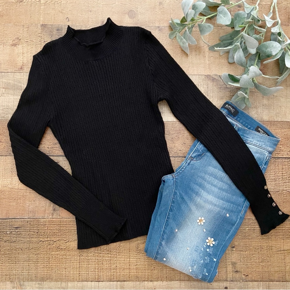 Black Ribbed Mock Neck Sweater, Cable Knit Design Buttons on Each Wrist